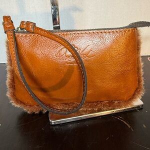 Patricia Nash Brown Sheepskin Leather Wristlet Fur Trim 4 Pockets EUC